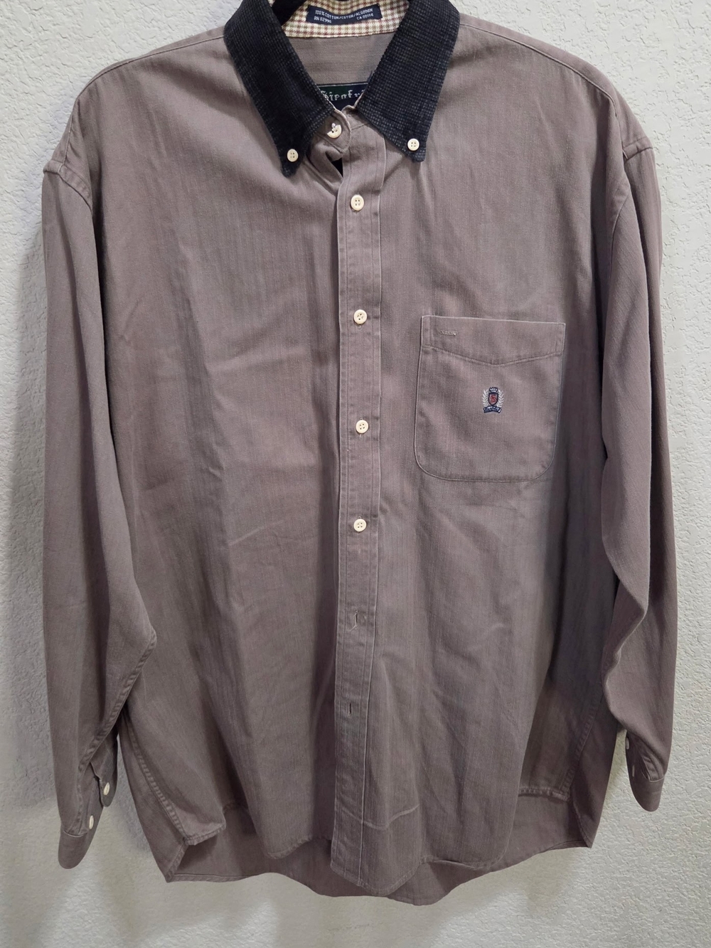 Men's Taupe Button-Down Shirt with Dark Contrast Collar